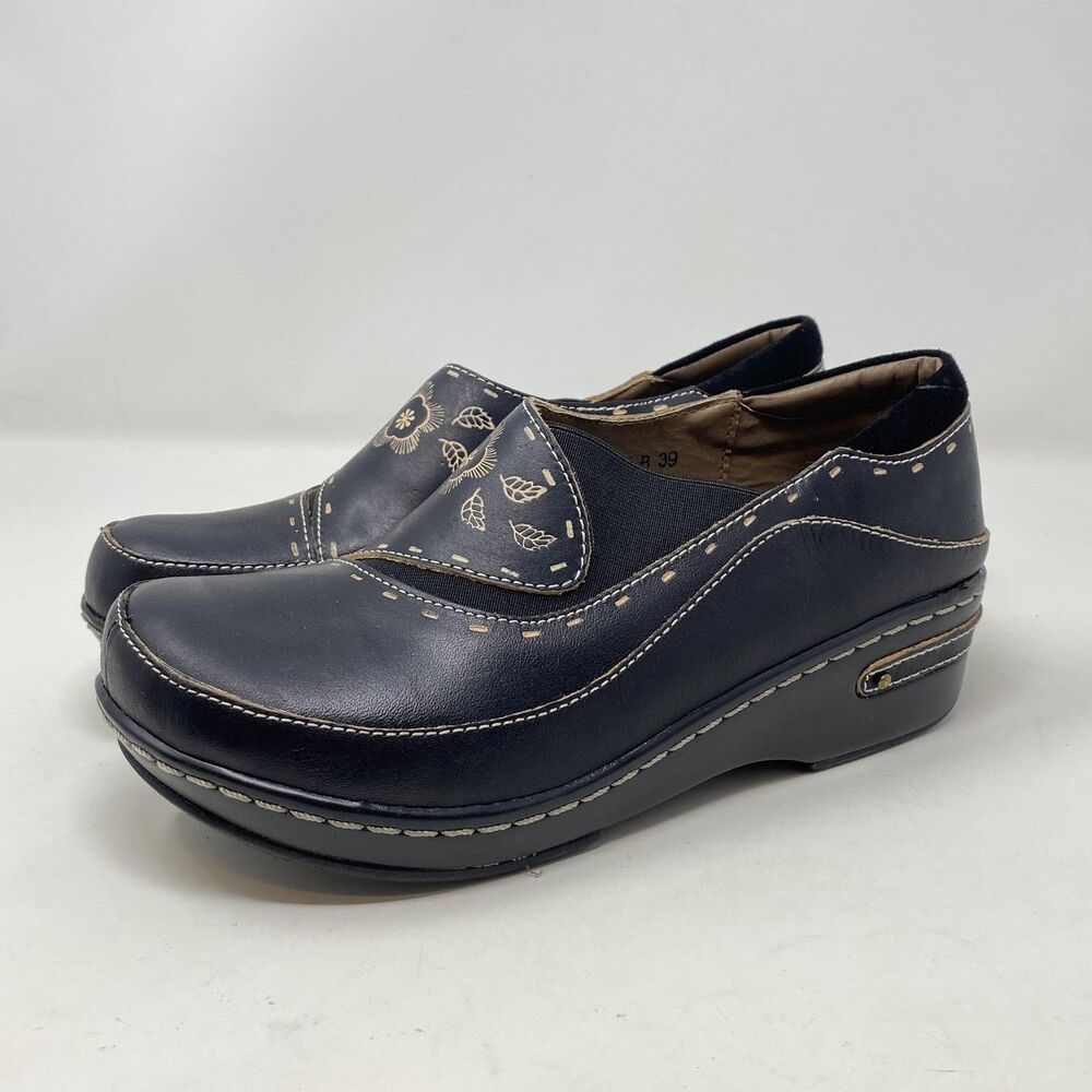 Spring Step L'Artiste Shoes Womens Size 8.5 Black Leather Burbank Floral Clogs